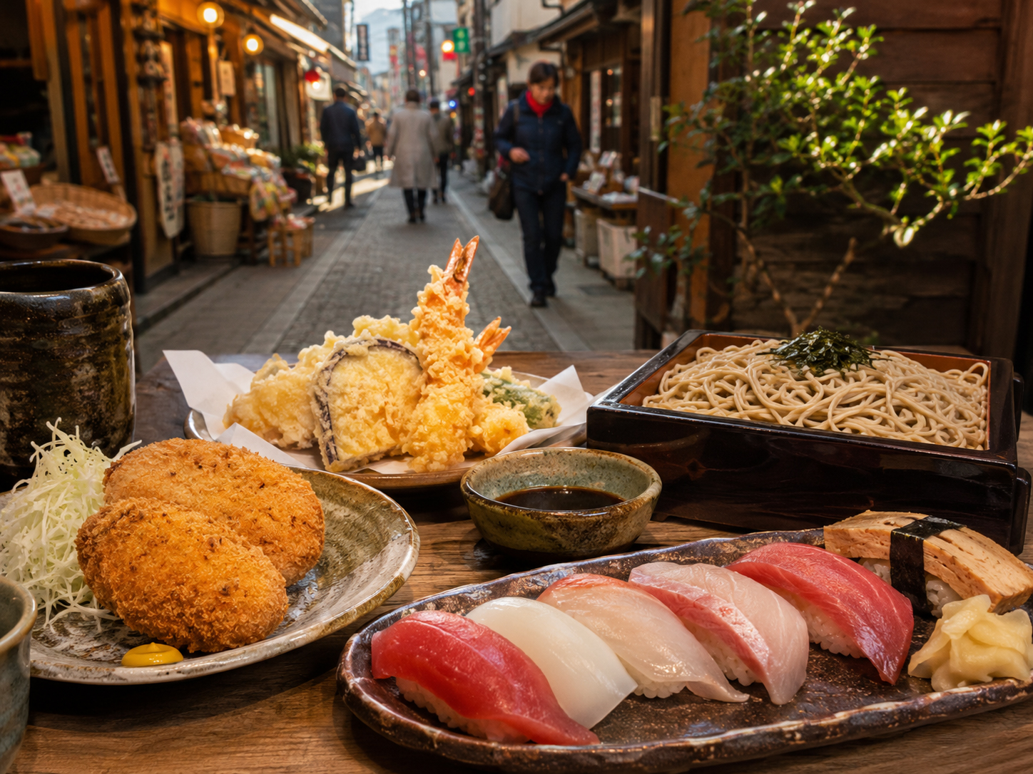 戸越銀座の商店街、コロッケ、江戸前寿司、そば、天ぷらが並ぶ東京の食卓。