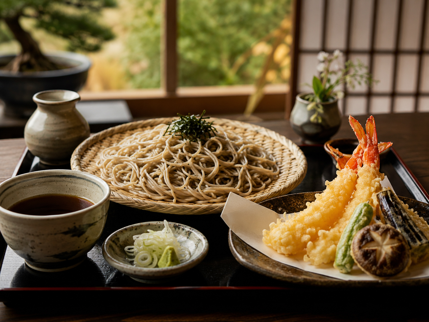 江戸前のそばと天ぷら、東京の昼食。