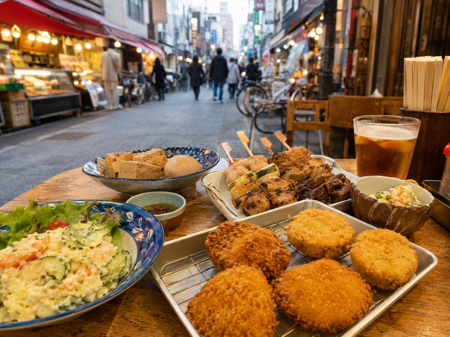 戸越銀座商店街を思わせる食卓。コロッケ、惣菜、焼き鳥、和菓子、そばが並ぶ。