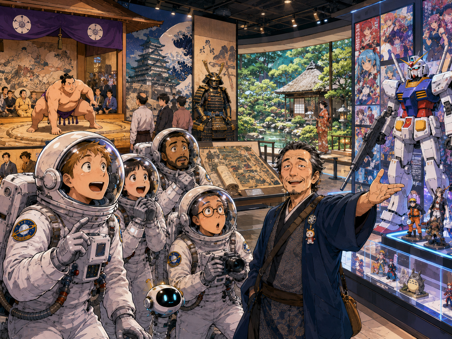 寿司、ラーメン、豊洲、築地の食を前にする宇宙飛行士と東京のおじさん