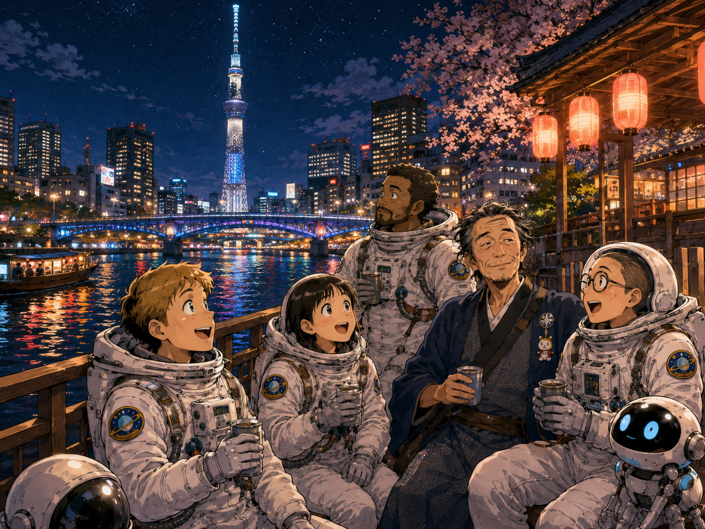 夜の隅田川、東京スカイツリー、星を眺める宇宙飛行士と東京のおじさん