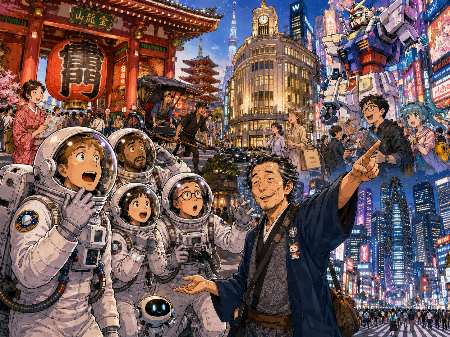 宇宙飛行士に浅草、銀座、秋葉原、新宿を説明する東京のおじさん