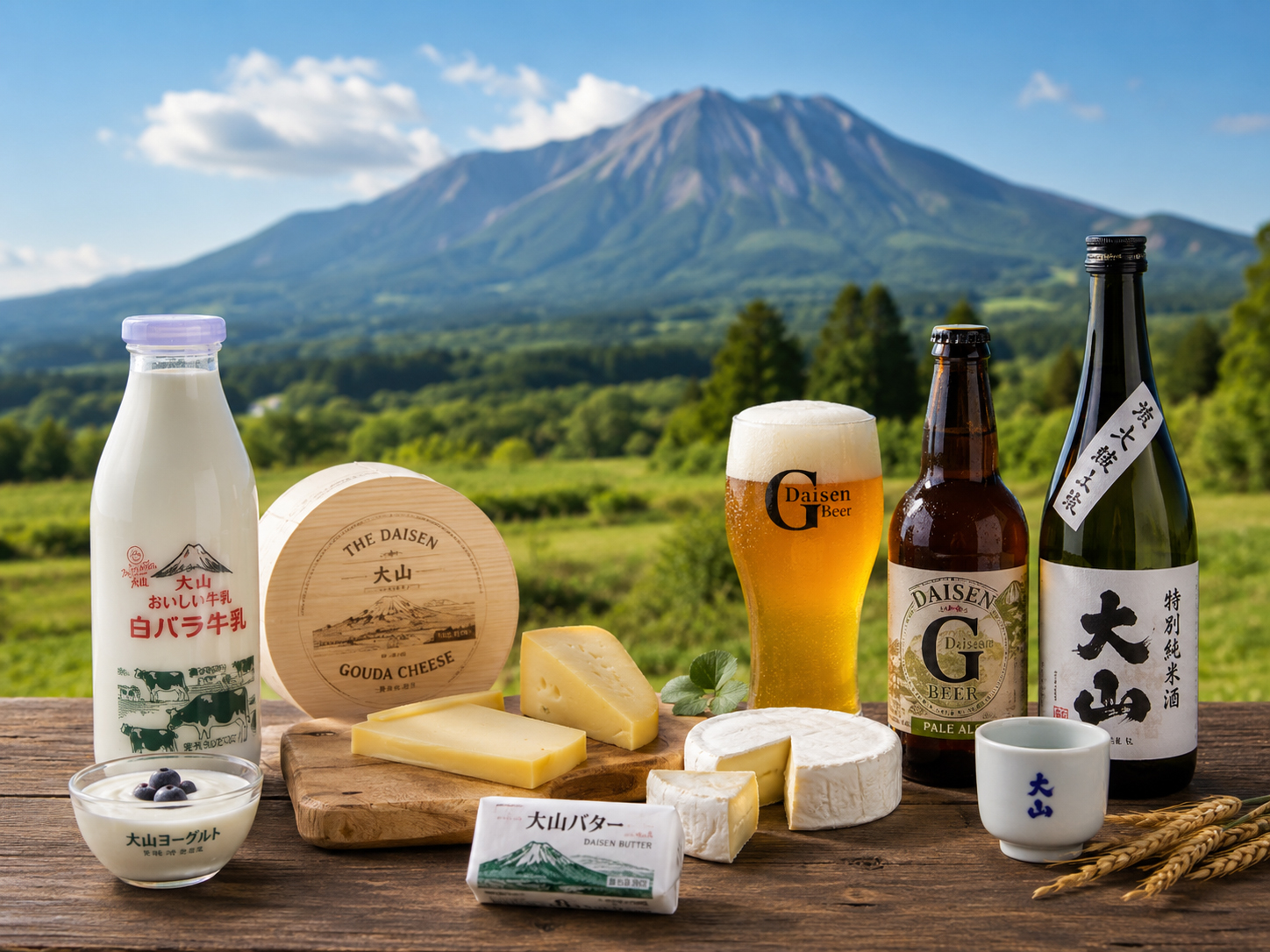 大山乳業、白バラ牛乳、チーズ、大山Gビール、地酒の食卓。