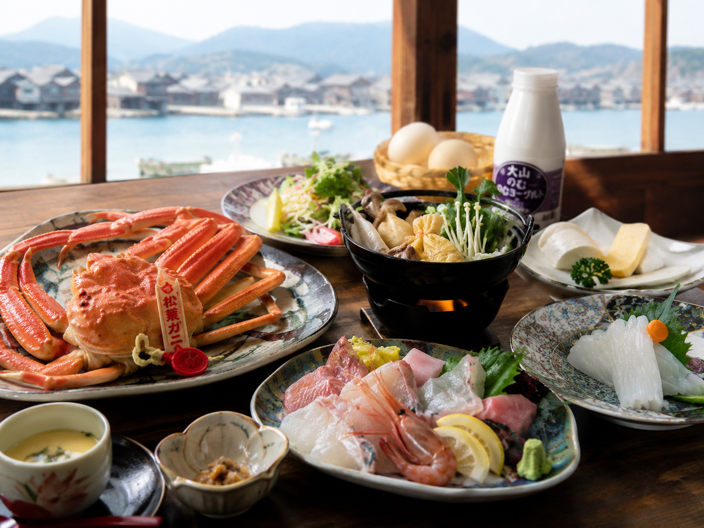 境港の海鮮、松葉がに、鳥取和牛、梨、大山乳業が並ぶ鳥取の食卓。