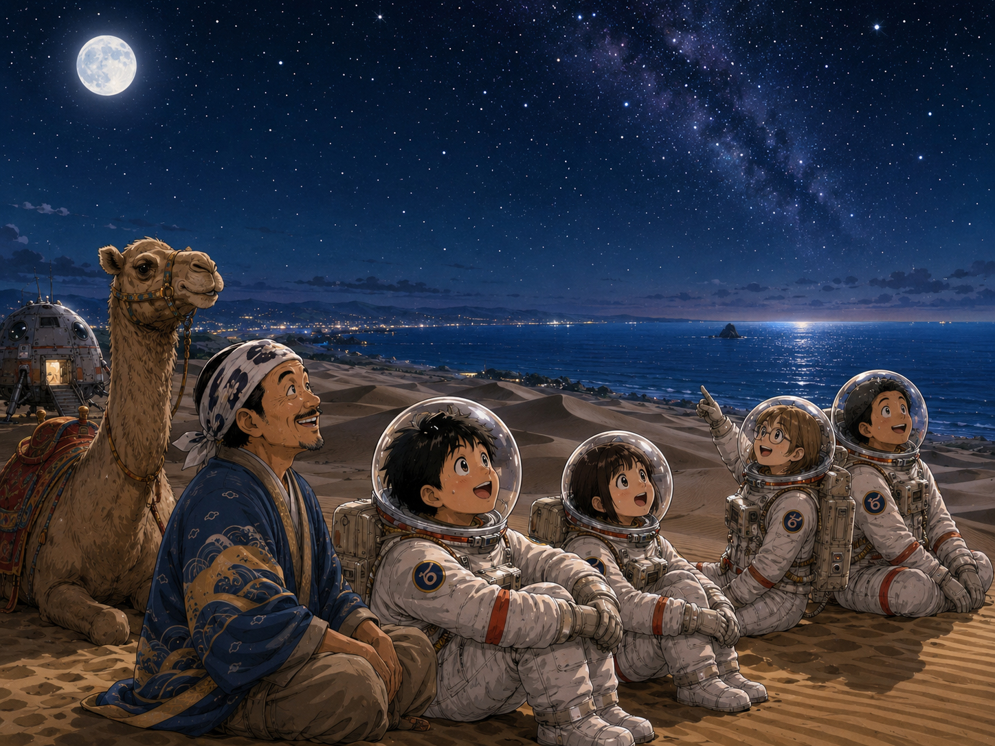 夜の鳥取砂丘、星、風紋、日本海を眺める宇宙飛行士と鳥取のおじさん