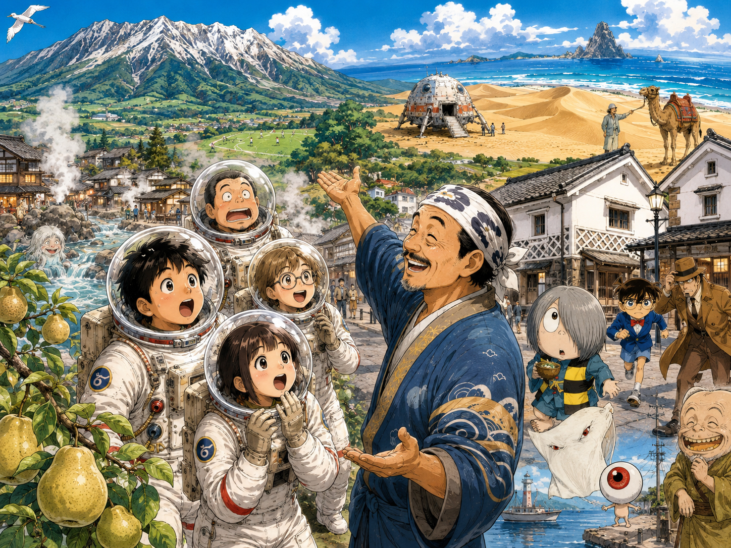宇宙飛行士に大山、コナンの町、三朝温泉、境港を説明する鳥取のおじさん