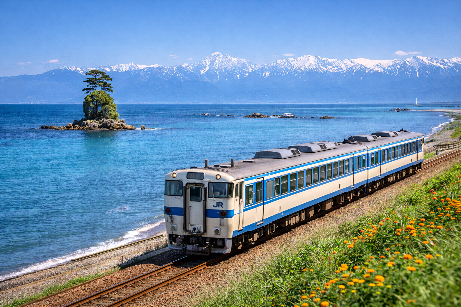 Amaharashi coast train and sea