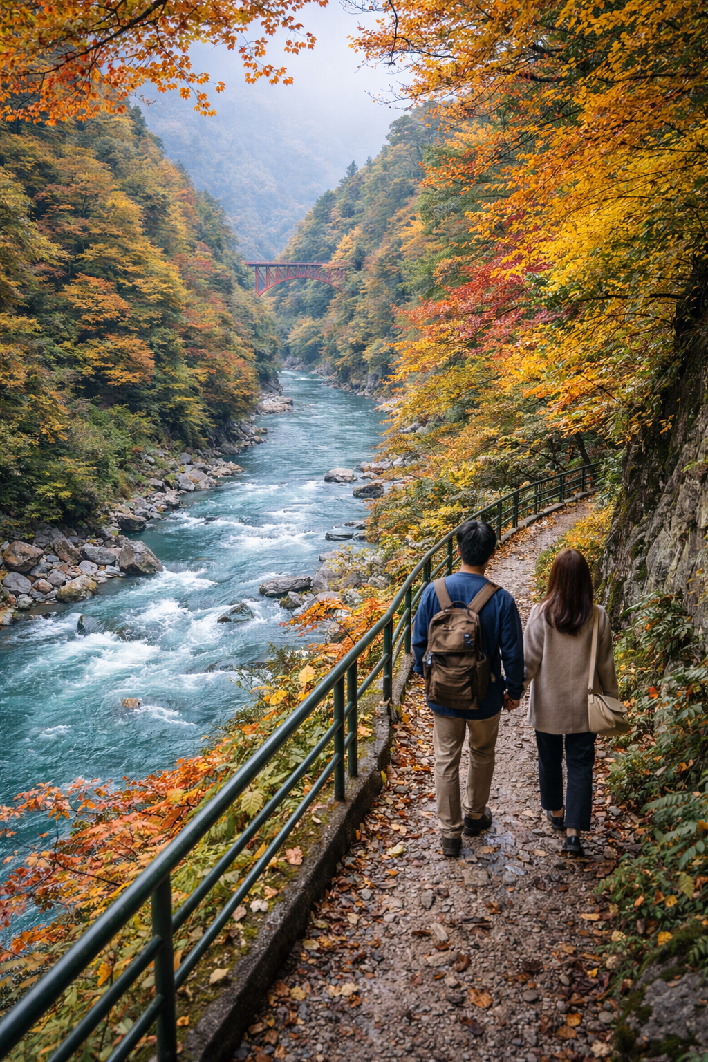Autumn leaves river walk in Kurobe Gorge