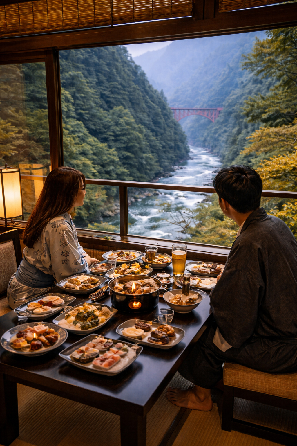 Luxury ryokan dinner by window in Kurobe Gorge