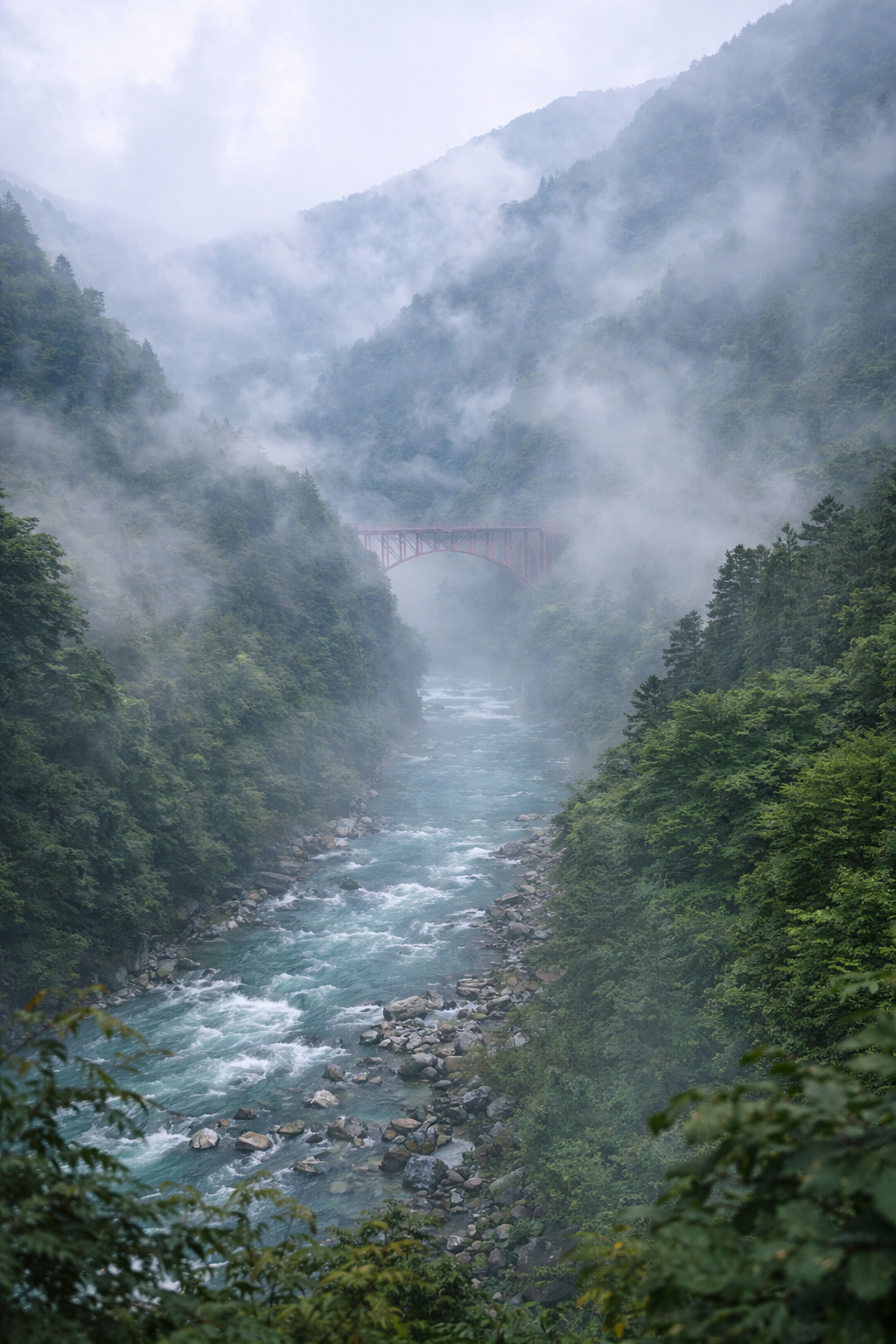 Kurobe Gorge morning fog over river