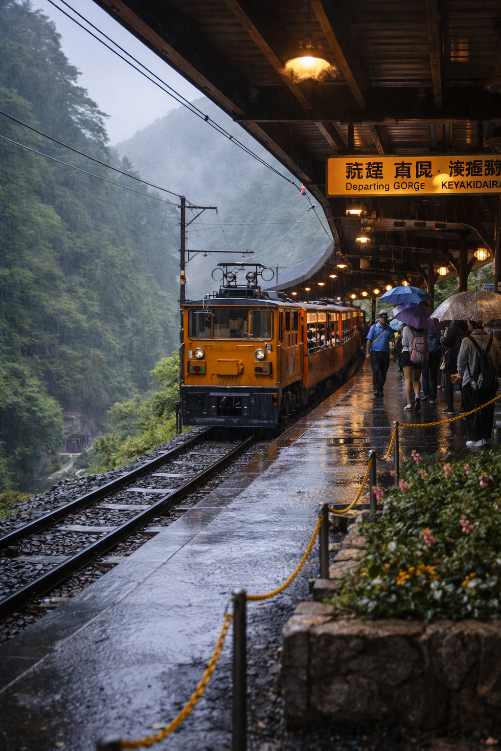 Kurobe Gorge rainy platform departure