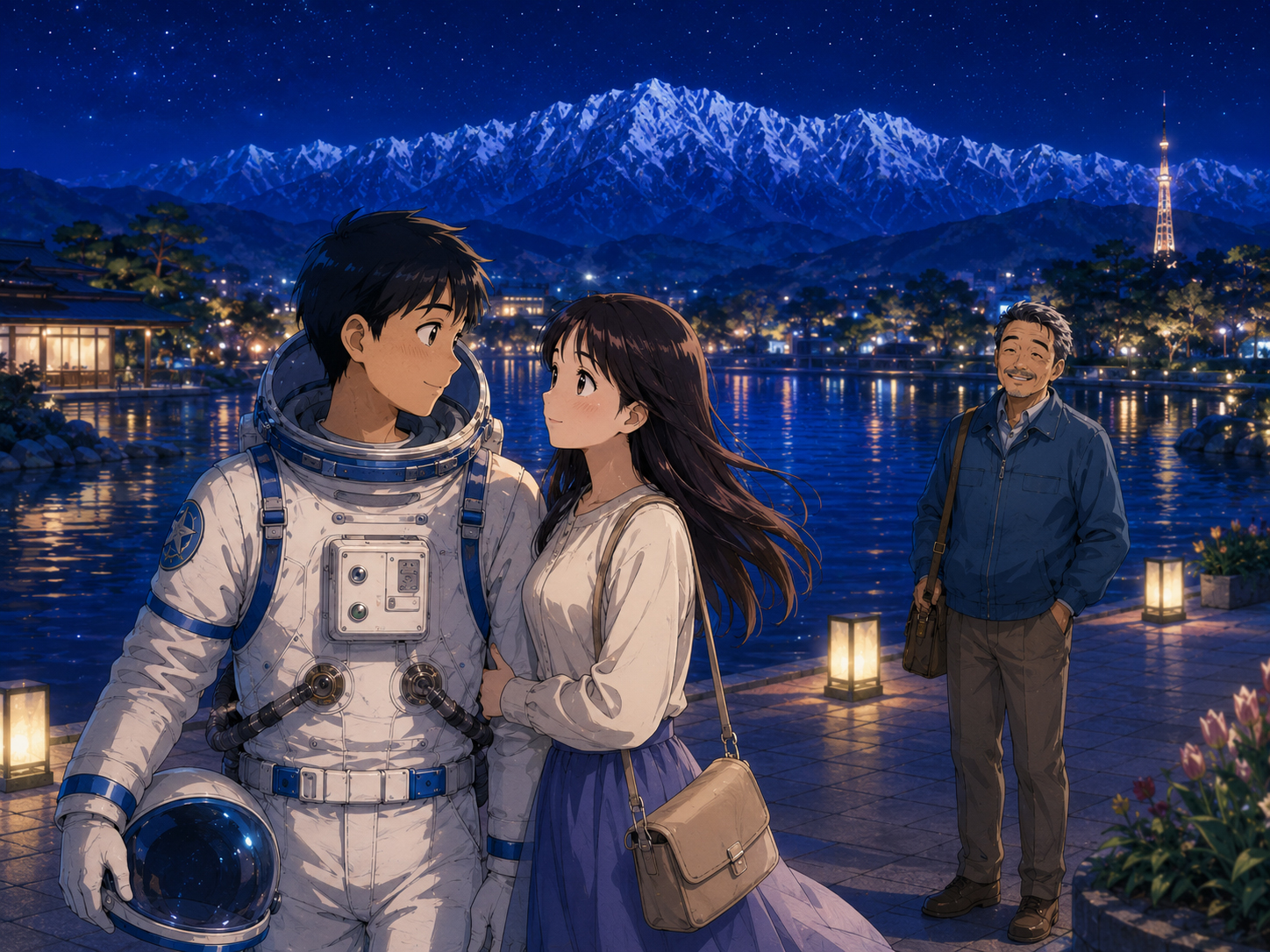 夜の環水公園、立山の影、星、水辺で静かに恋を認める宇宙飛行士