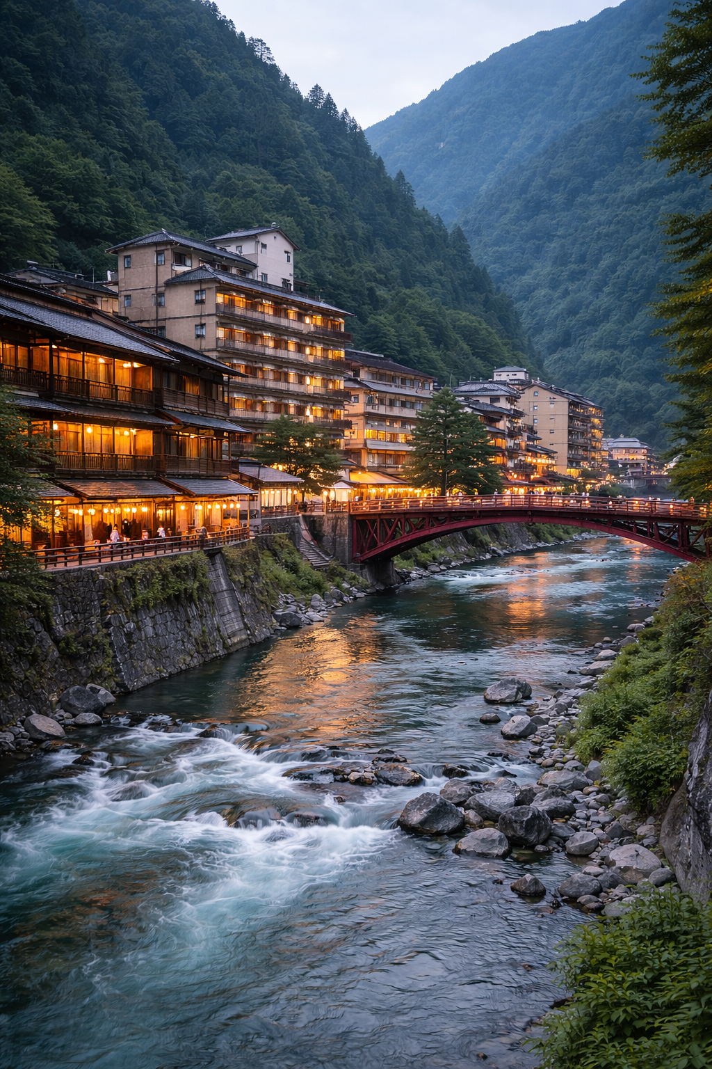 Unazuki Onsen river town evening