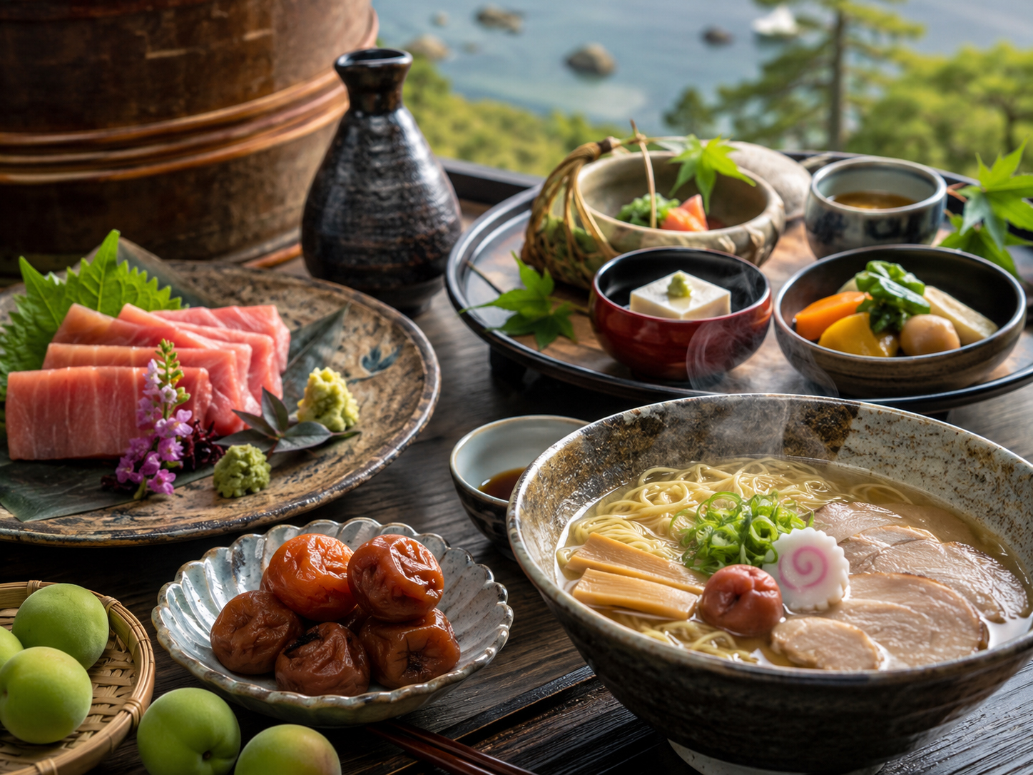 紀州梅干し、和歌山ラーメン、勝浦まぐろ、湯浅醤油、高野山精進料理が並ぶ和歌山の食卓。