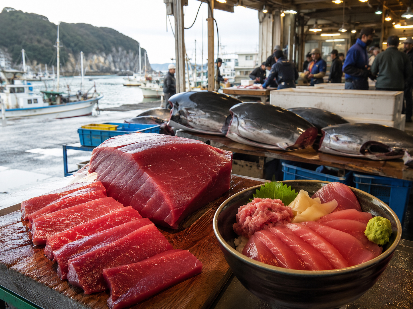 勝浦の生まぐろ、まぐろ丼、港の市場。