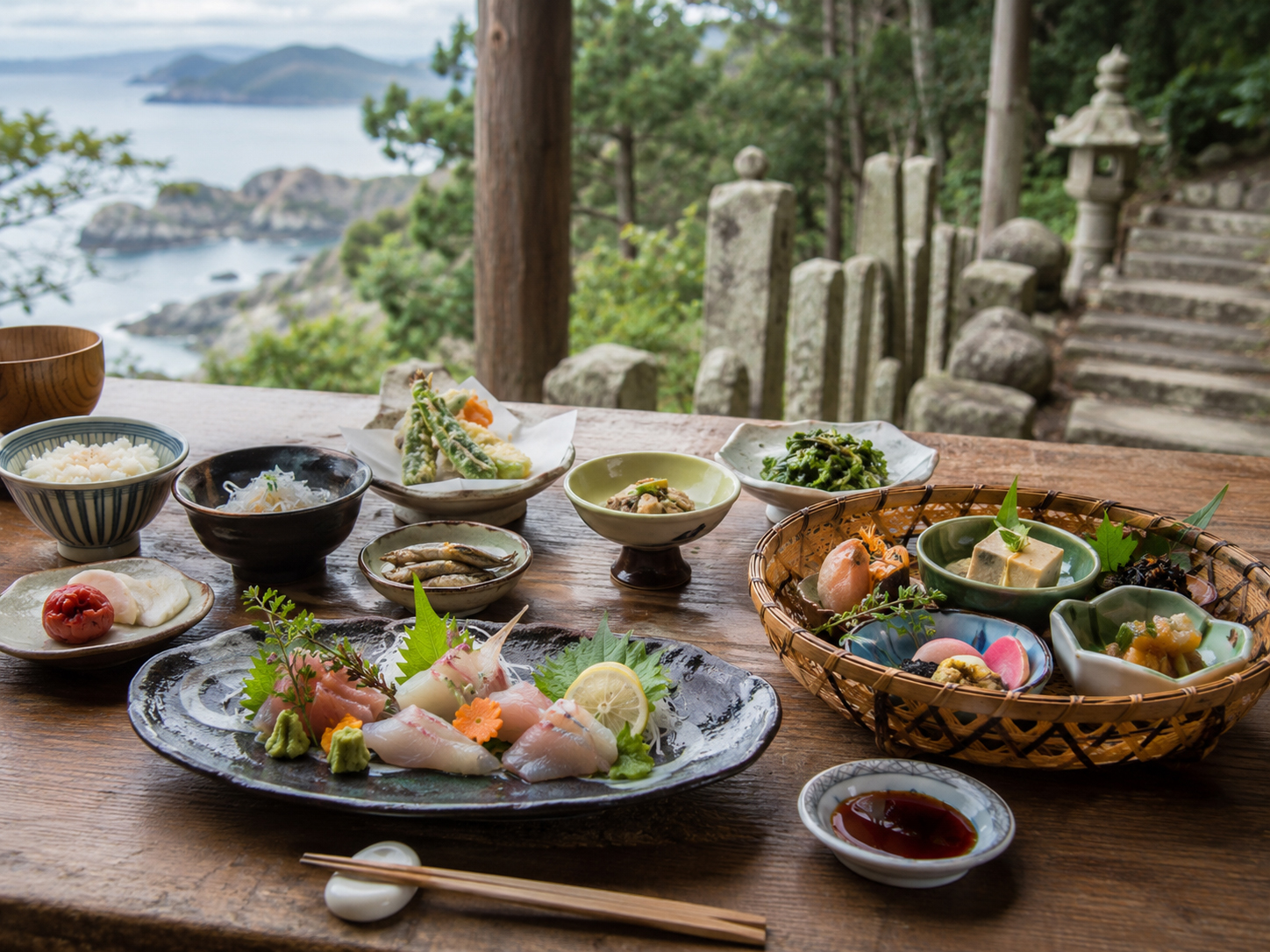 紀州の食卓。梅干し、醤油、まぐろ、精進料理、みかん、しらすが並ぶ。