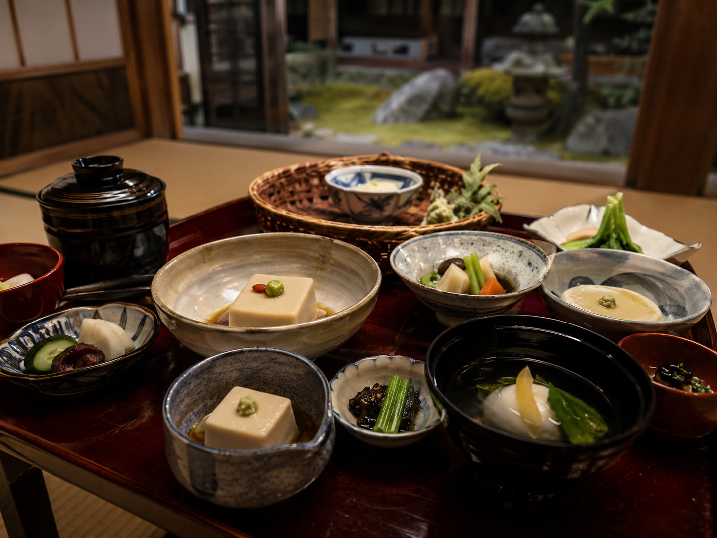高野山精進料理、胡麻豆腐、山の宿坊の食卓。