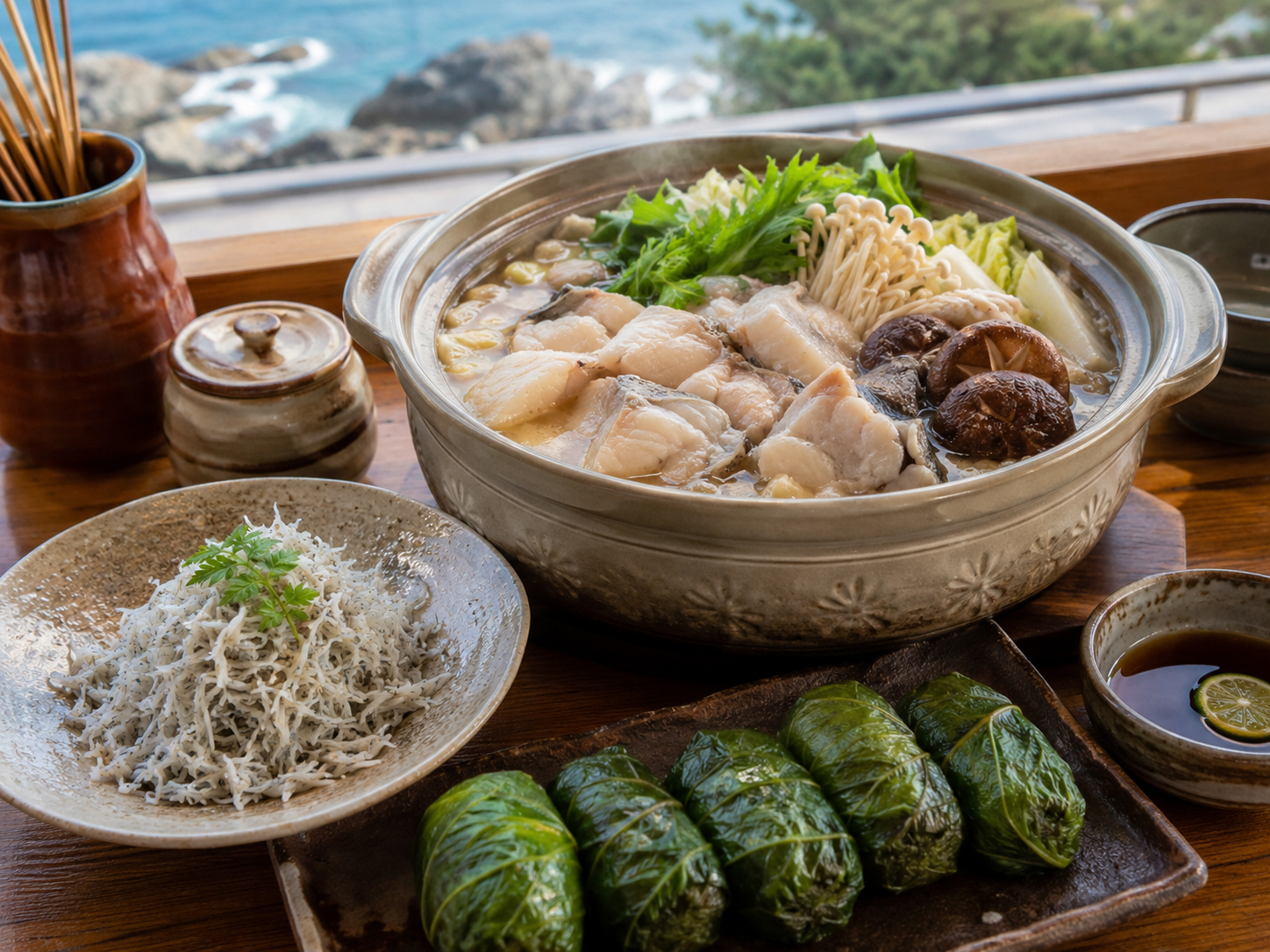 クエ鍋、めはり寿司、しらす丼、熊野と紀州の海山の食卓。
