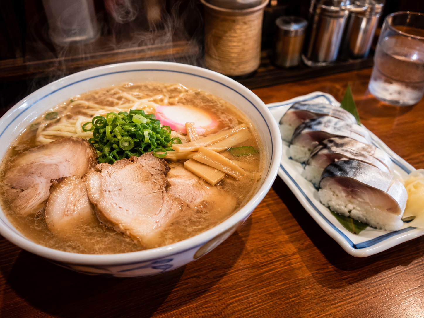 和歌山ラーメン、早寿司、豚骨醤油の一杯。