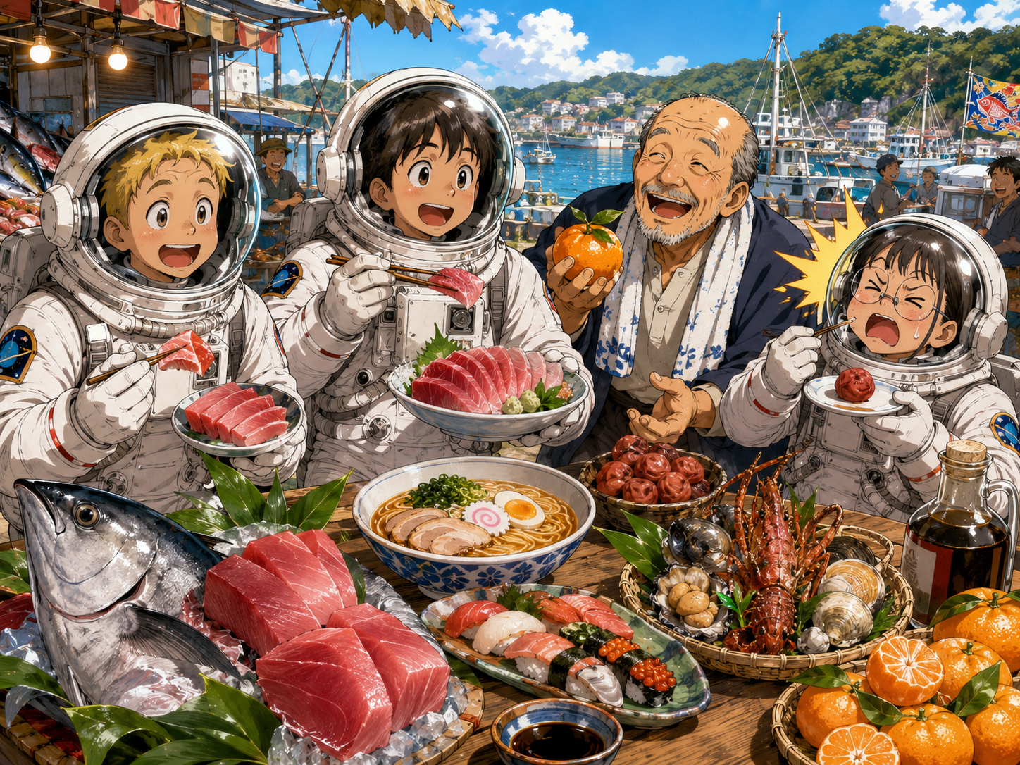 勝浦まぐろ、紀州梅、みかん、和歌山ラーメンを前にする宇宙飛行士と和歌山のおじさん