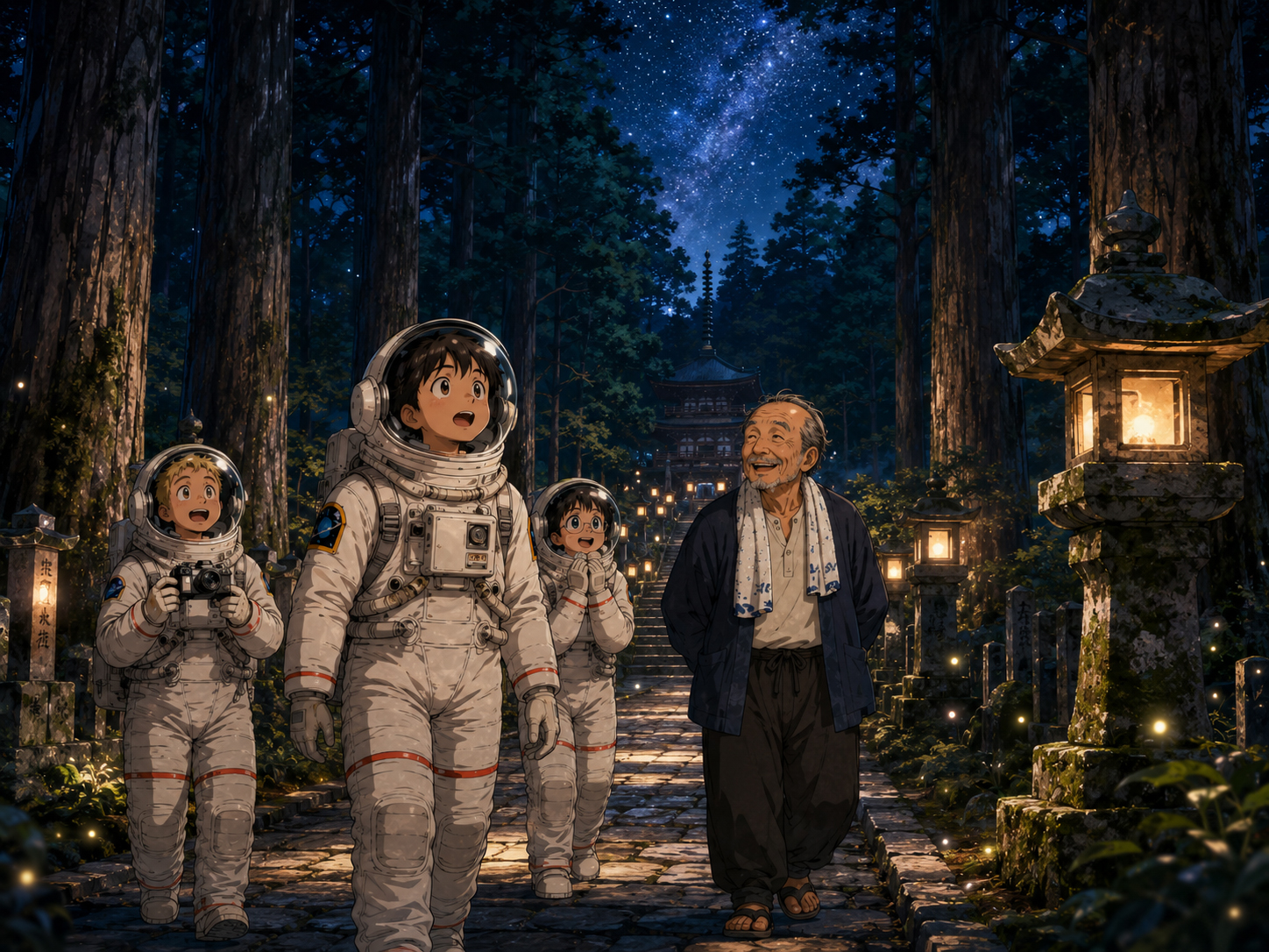 夜の高野山、石灯籠、杉木立、星を歩く宇宙飛行士と和歌山のおじさん
