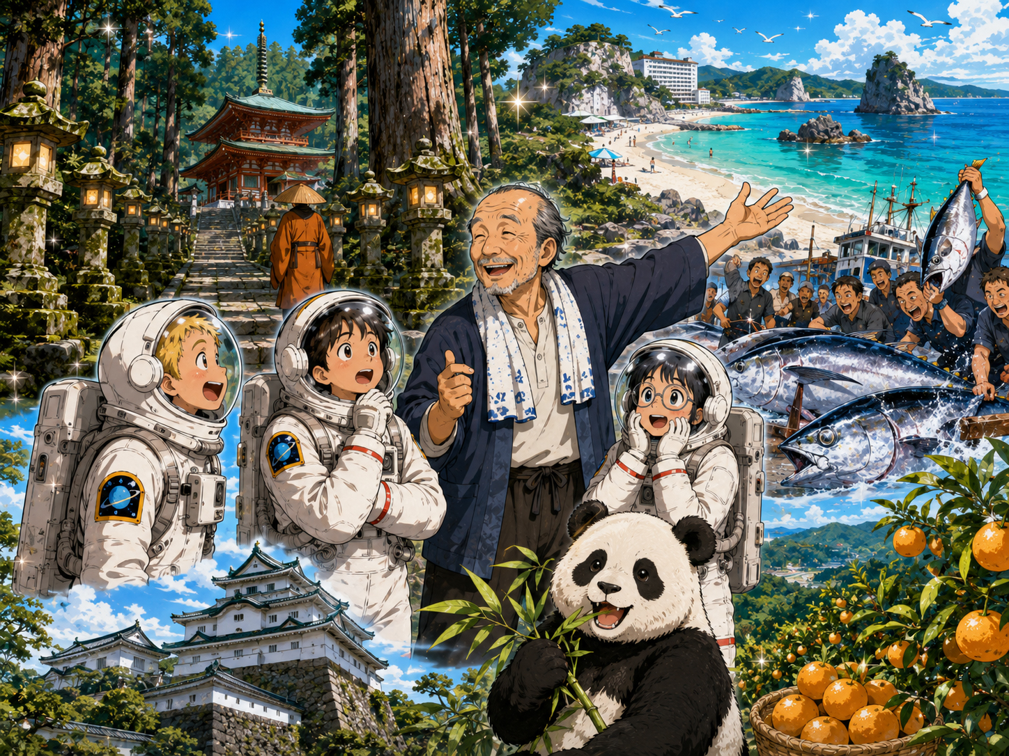 宇宙飛行士に高野山、白浜、パンダ、勝浦を説明する和歌山のおじさん