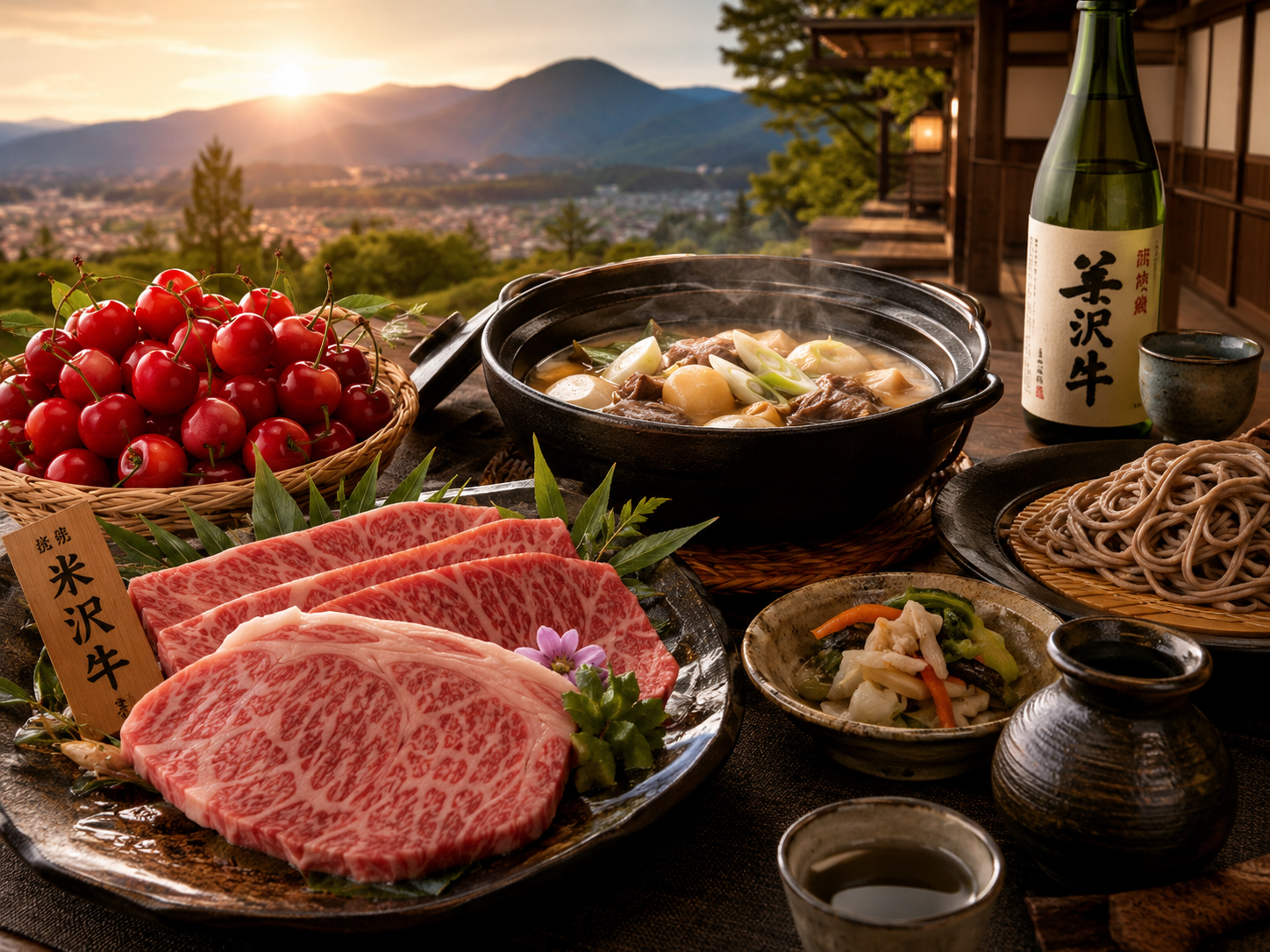 米沢牛、山形さくらんぼ、芋煮、板そば、地酒が並ぶ山形の食卓。
