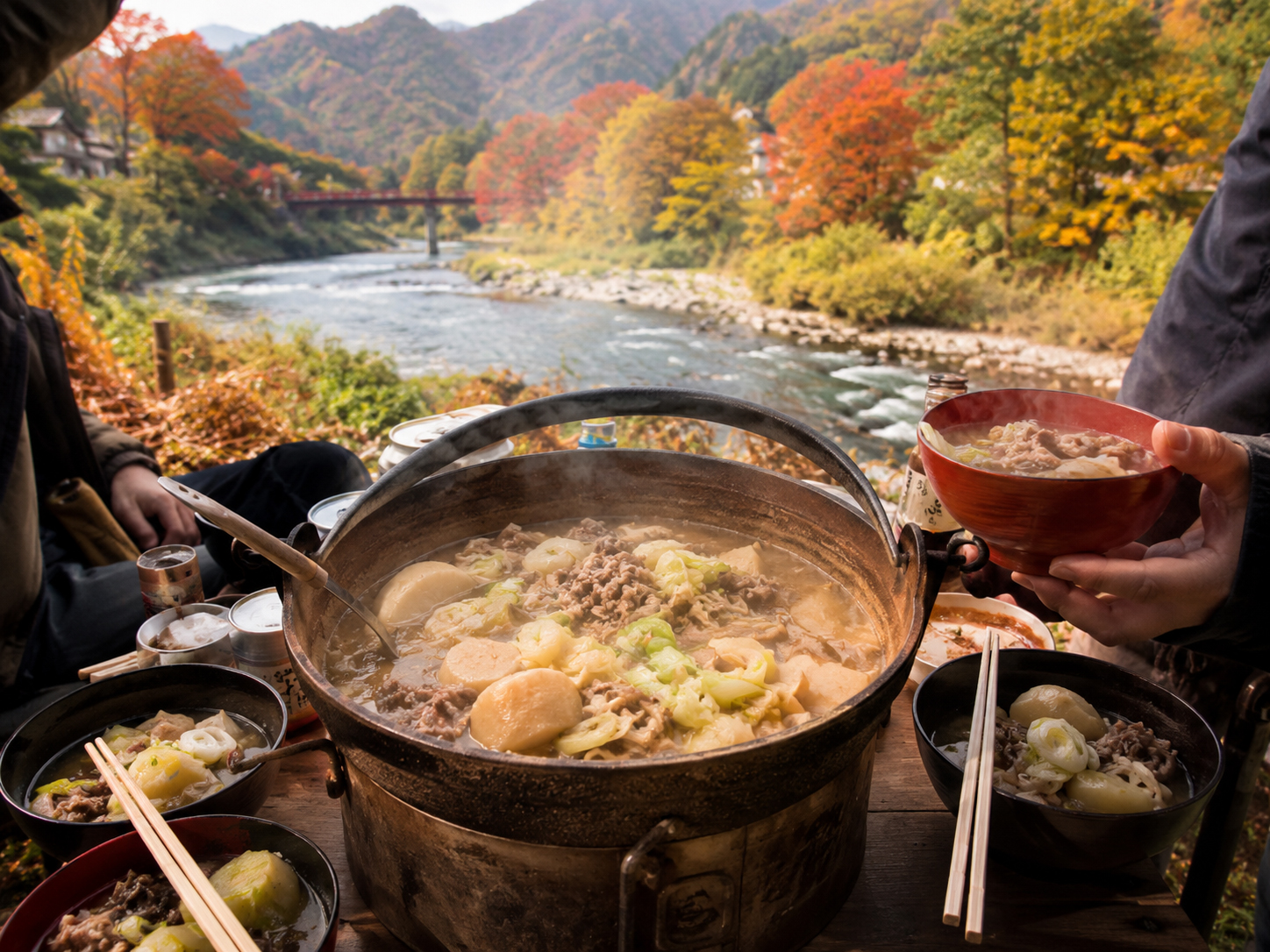 山形の芋煮、河原の大鍋、秋の郷土料理。