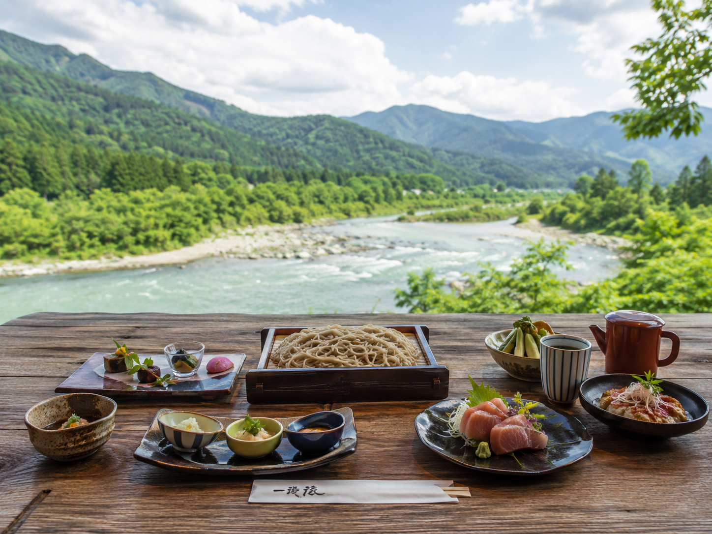 山形の食卓。米沢牛、さくらんぼ、芋煮、板そば、地酒、だだちゃ豆が並ぶ。