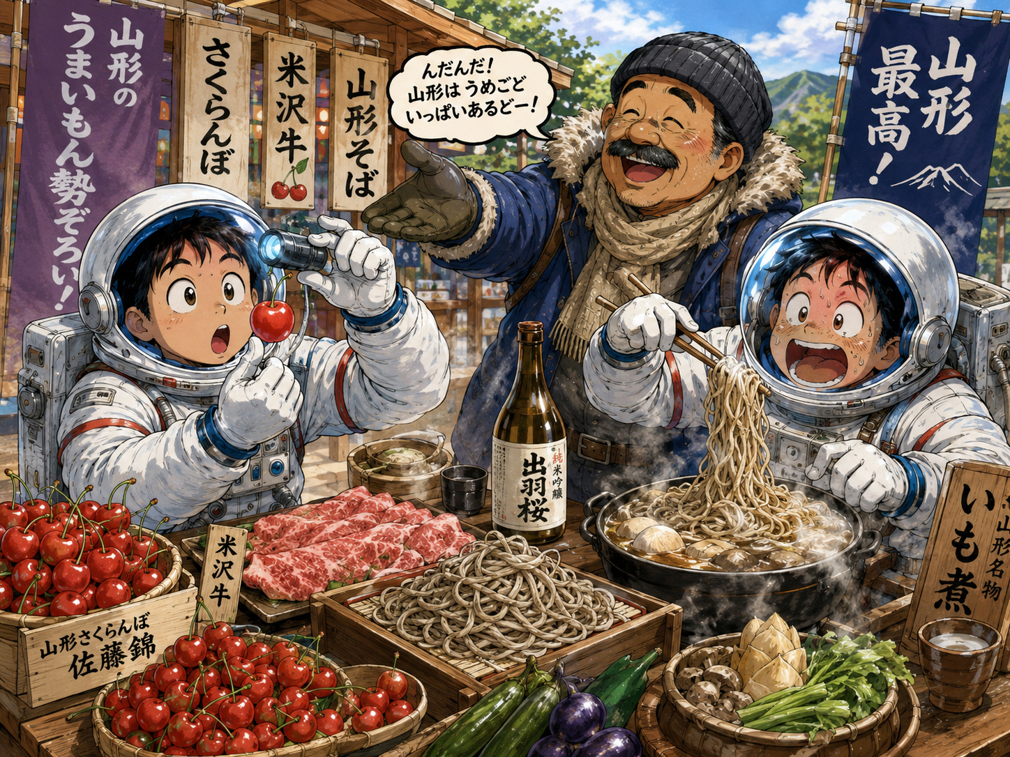 さくらんぼ、そば、米沢牛を前にする宇宙飛行士と山形のおじさん