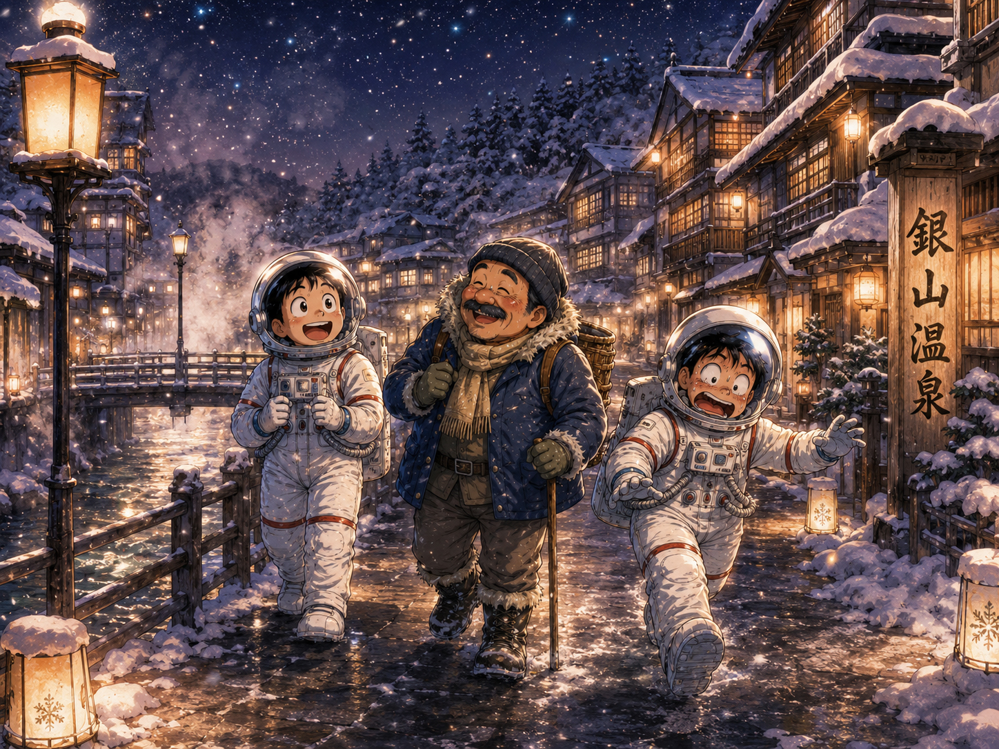 夜の銀山温泉、雪、星、ガス灯を歩く宇宙飛行士と山形のおじさん