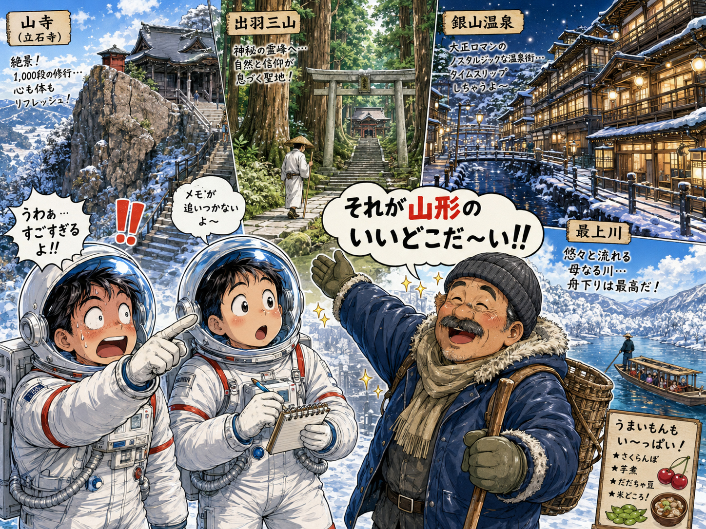 宇宙飛行士に山寺、銀山温泉、出羽三山を説明する山形のおじさん