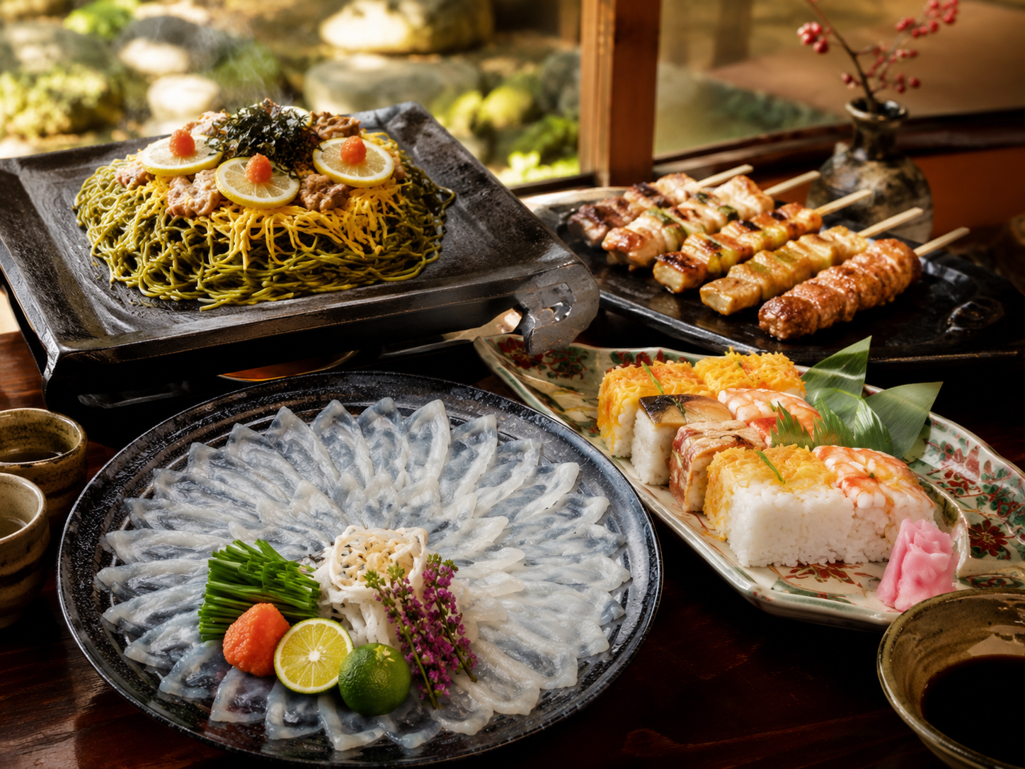 下関ふく、瓦そば、岩国寿司、長門やきとり、萩の海鮮が並ぶ山口の食卓。