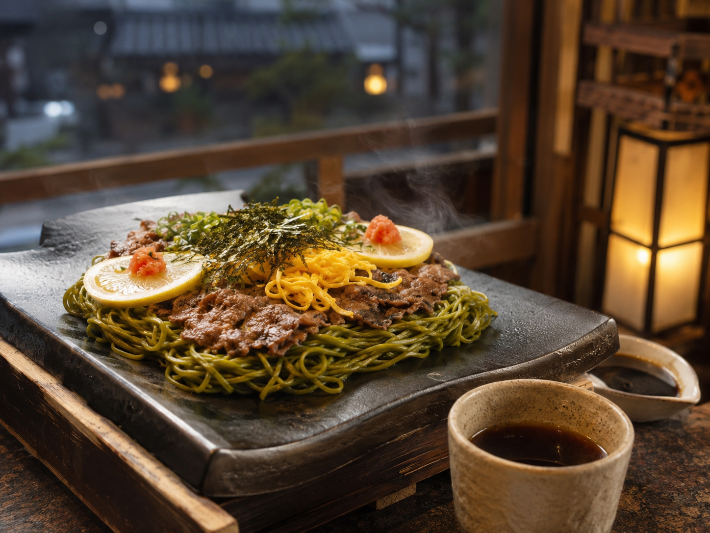 熱い瓦の上で焼かれる瓦そば、牛肉、錦糸卵、茶そば。