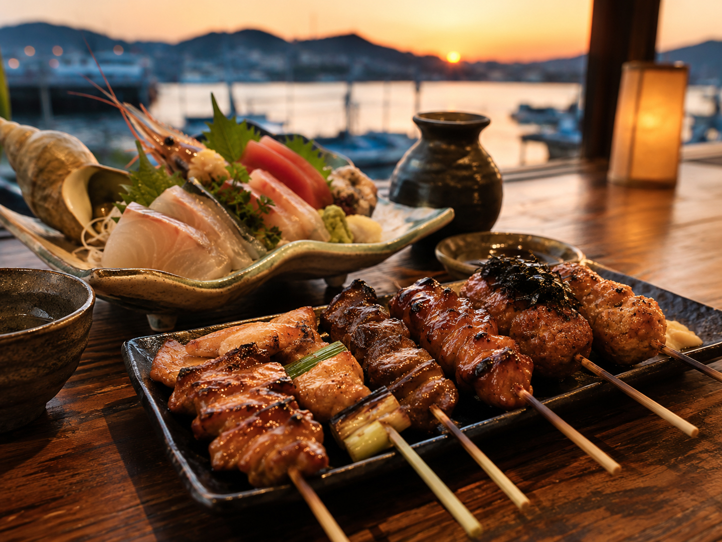 長門やきとり、仙崎の海鮮、地酒が並ぶ食卓。