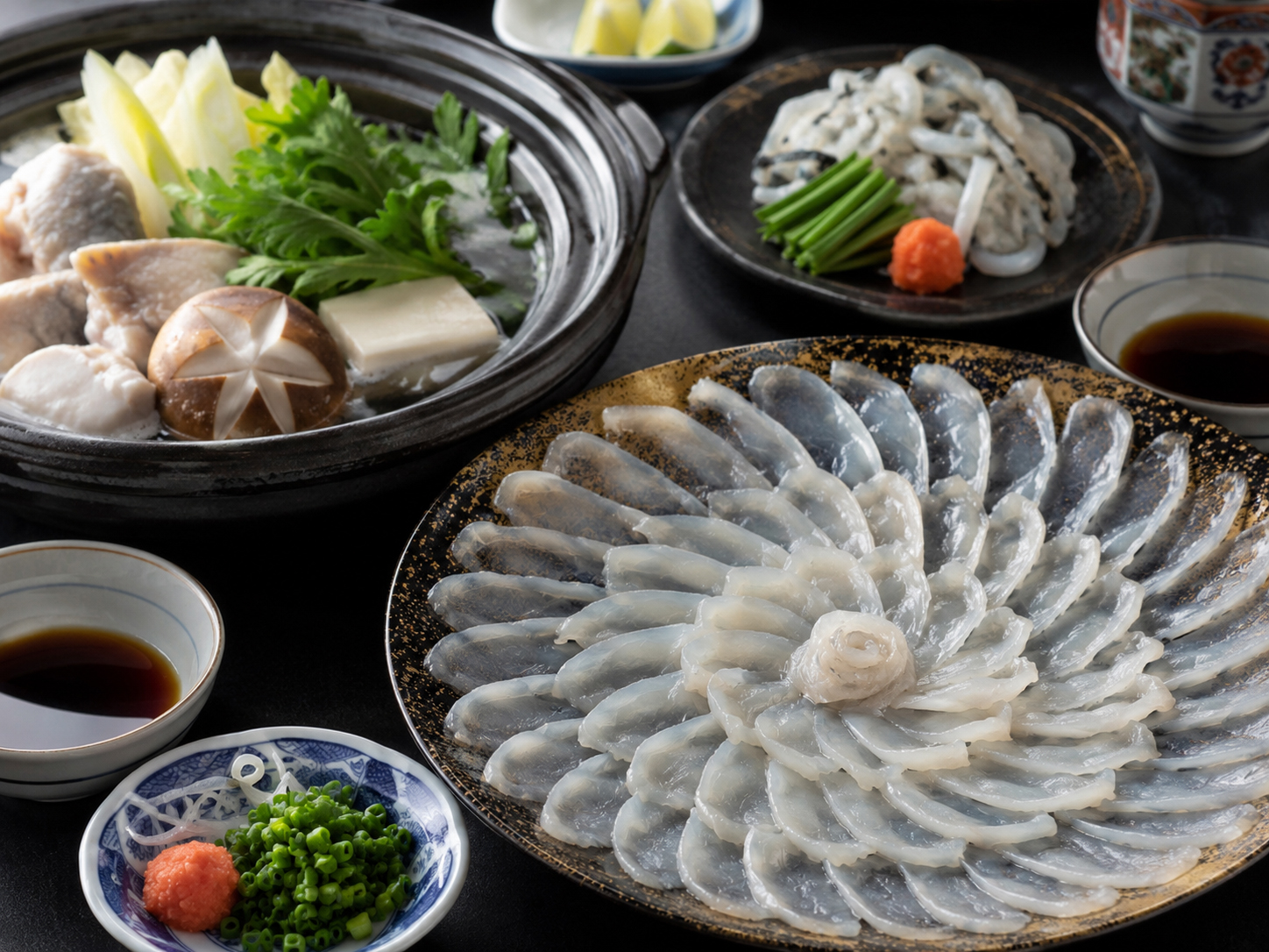 下関ふくの薄造り、ふくちり、ひれ酒が並ぶ食卓。
