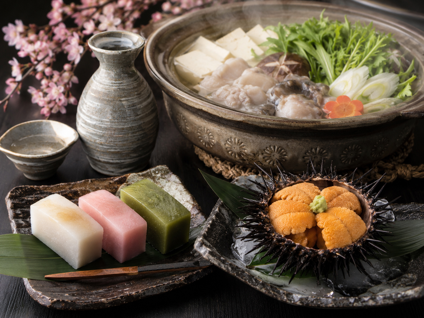 山口外郎、長州地酒、あんこう鍋、雲丹が並ぶ食卓。