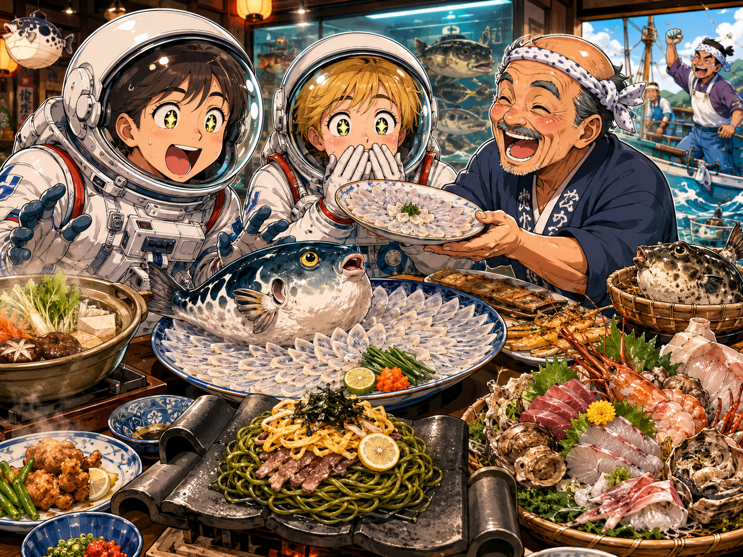下関ふぐ、瓦そば、海鮮を前にする宇宙飛行士と山口のおじさん