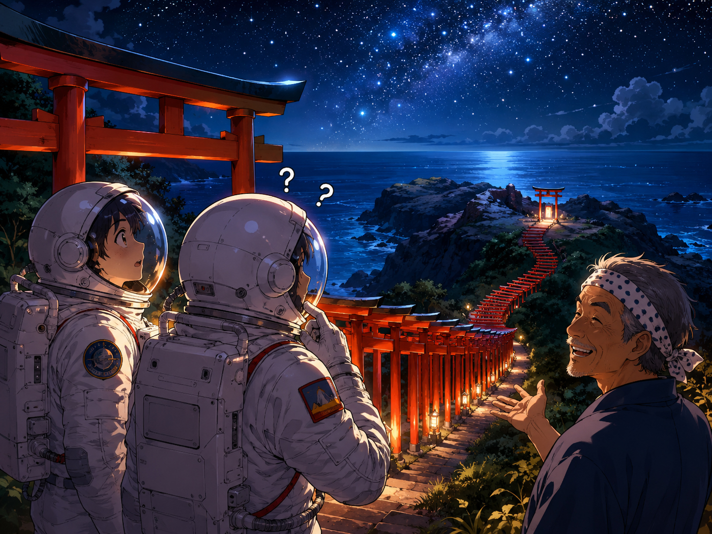 夜の元乃隅神社、赤い鳥居、星、海を眺める宇宙飛行士と山口のおじさん