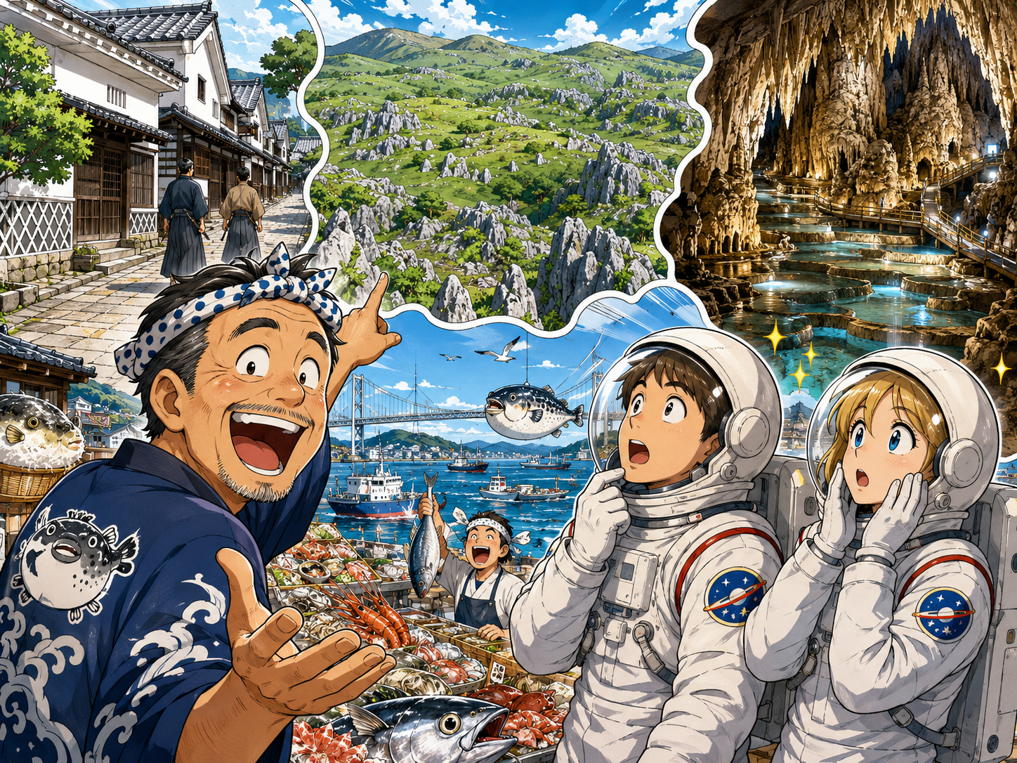 宇宙飛行士に萩、秋芳洞、下関を説明する山口のおじさん