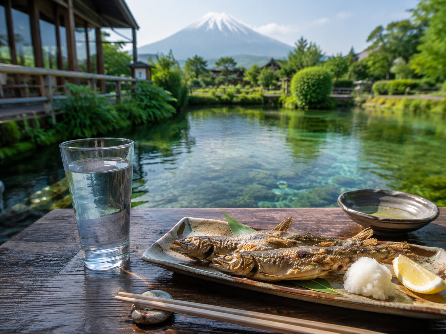 富士山の水、川魚、湖畔のカフェ、忍野の水の食卓。