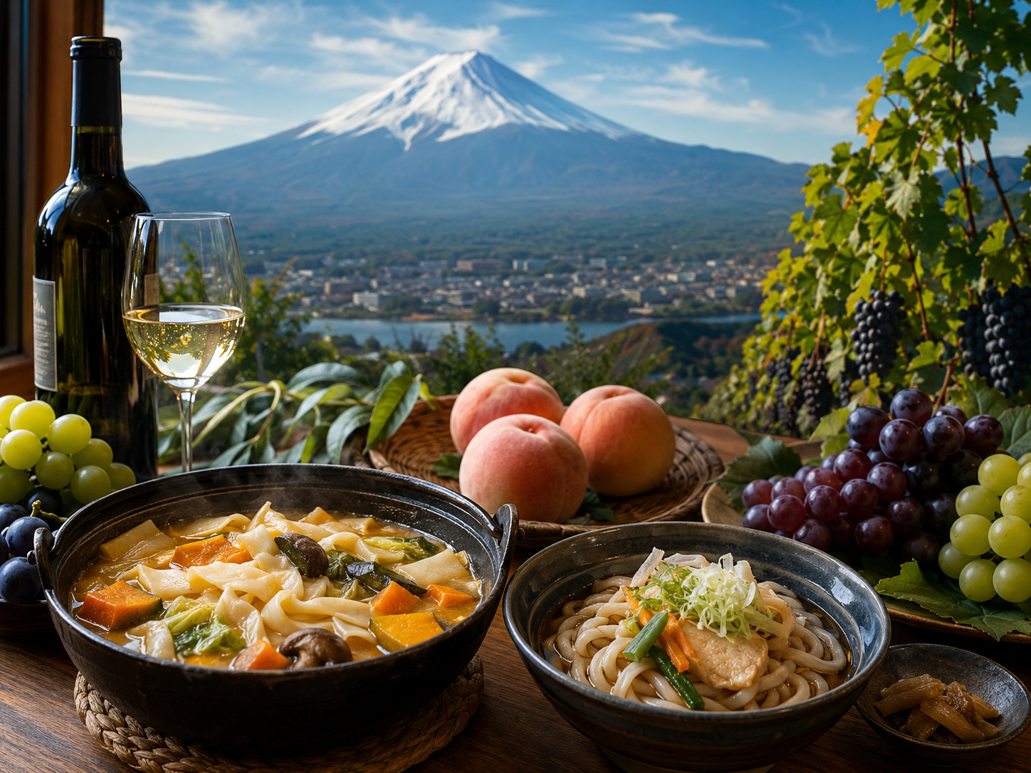 ほうとう、吉田のうどん、甲州ワイン、桃、ぶどう、富士山が並ぶ山梨の食卓。
