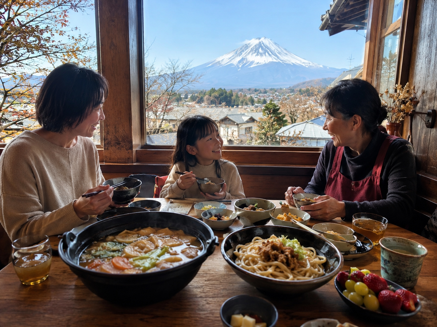 山梨の食卓。ほうとう、吉田のうどん、果物、ワイン、信玄餅、富士山の水が並ぶ。