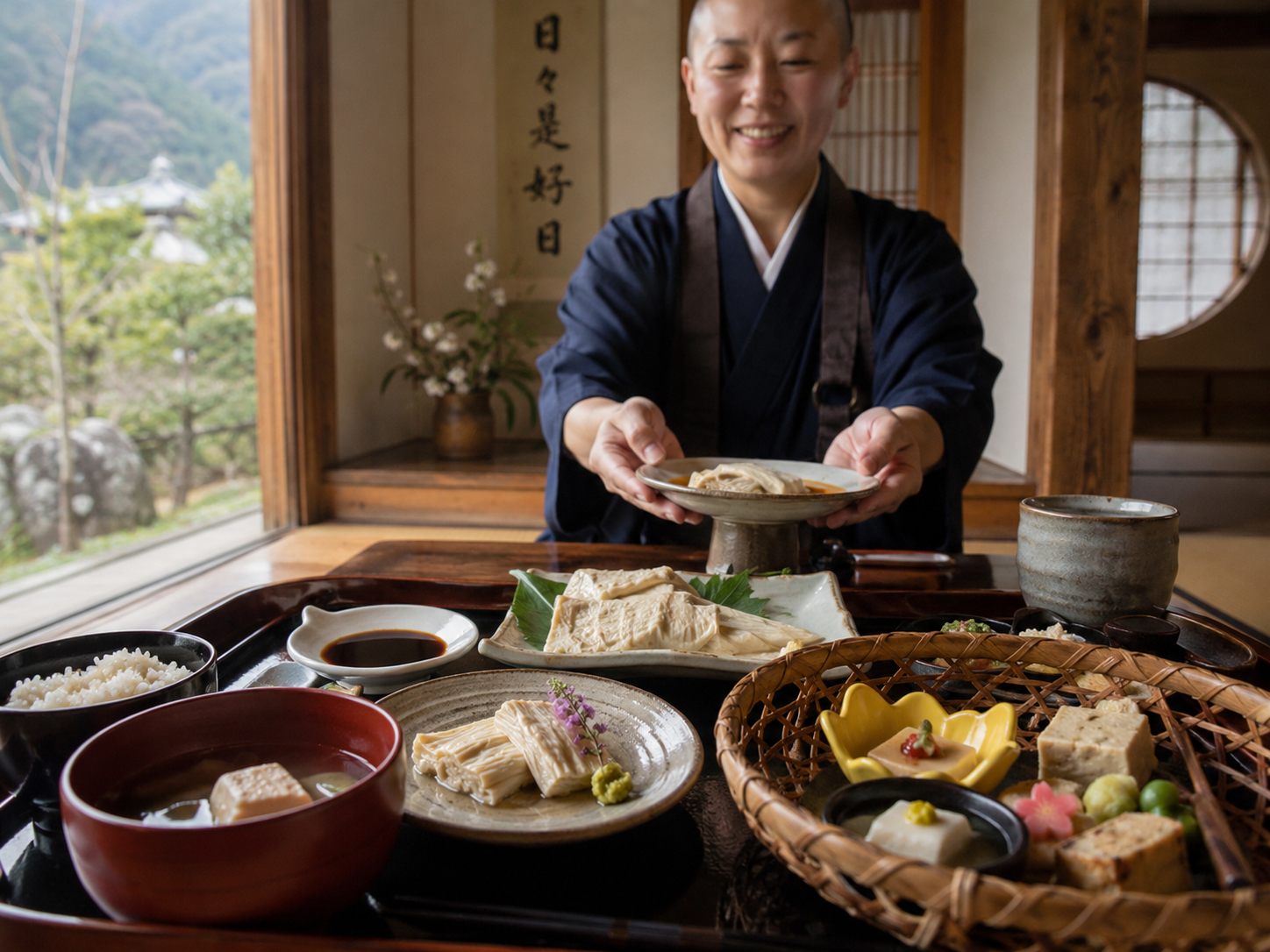 身延の寺町でゆば料理を出す静かな食卓。