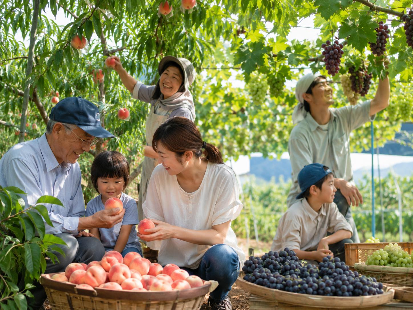 山梨の果樹園で桃とぶどうを手入れする家族。