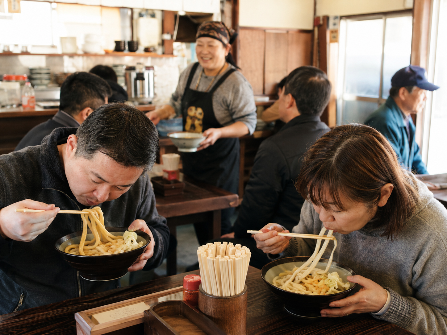富士吉田のうどん店で地元の人が昼食を食べる。