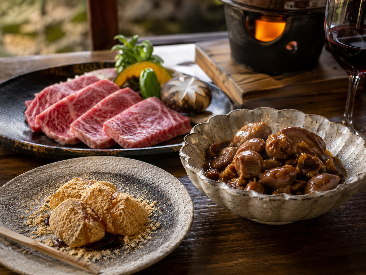 信玄餅、鳥もつ煮、甲州ワインビーフ、山梨の小さな名物。