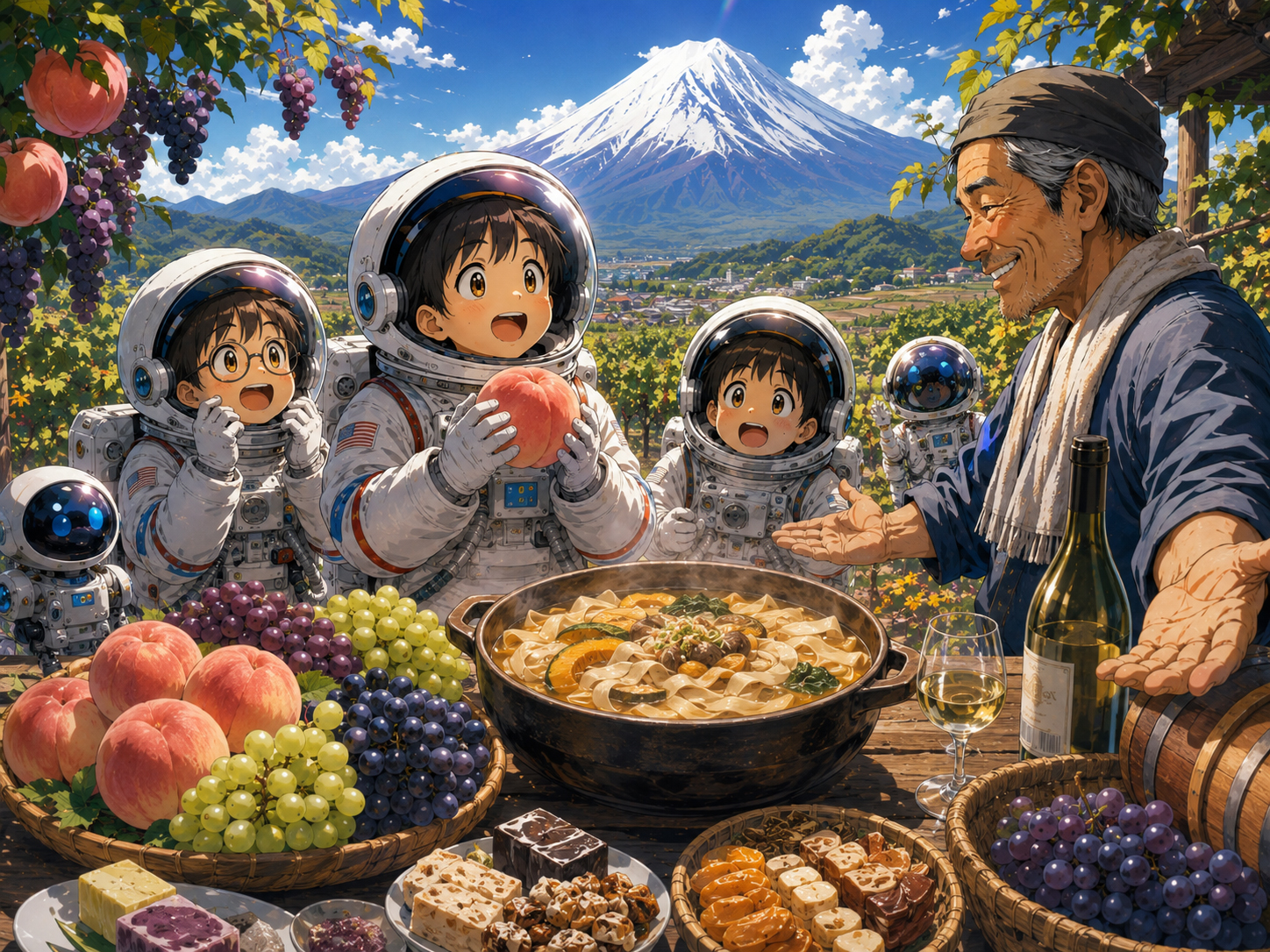 ぶどう、桃、ほうとう、甲州ワインを前にする宇宙飛行士と山梨のおじさん