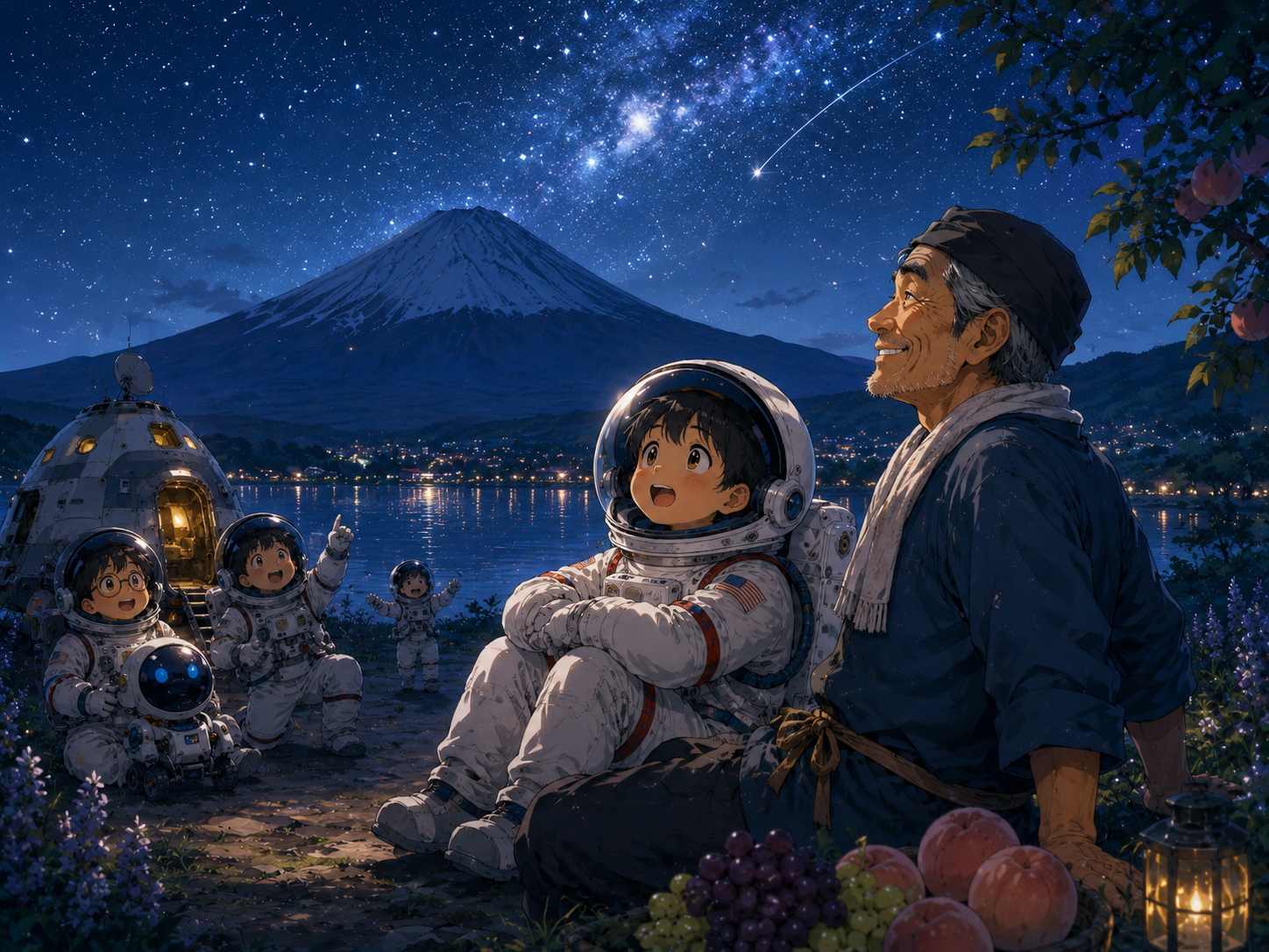夜の富士五湖、富士山、星、水面、HOME表示を見る宇宙飛行士